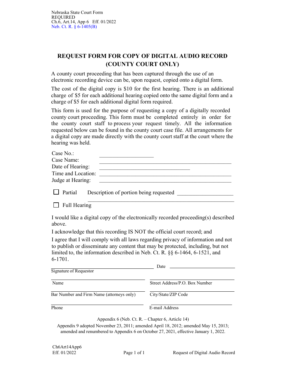 Form CH6ART14 Appendix 6 Request Form for Copy of Digital Audio Record (County Court Only) - Nebraska, Page 1