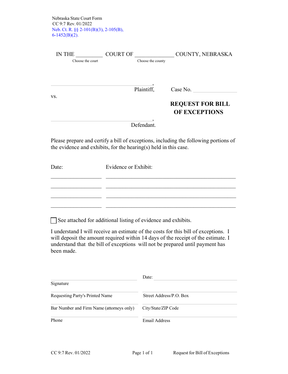 Form CC9:7 Request for Bill of Exceptions - Nebraska, Page 1