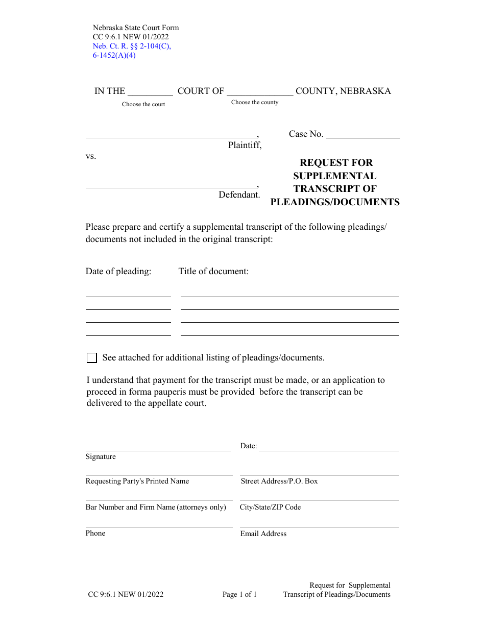 Form CC9:6.1 Request for Supplemental Transcript of Pleadings / Documents - Nebraska, Page 1
