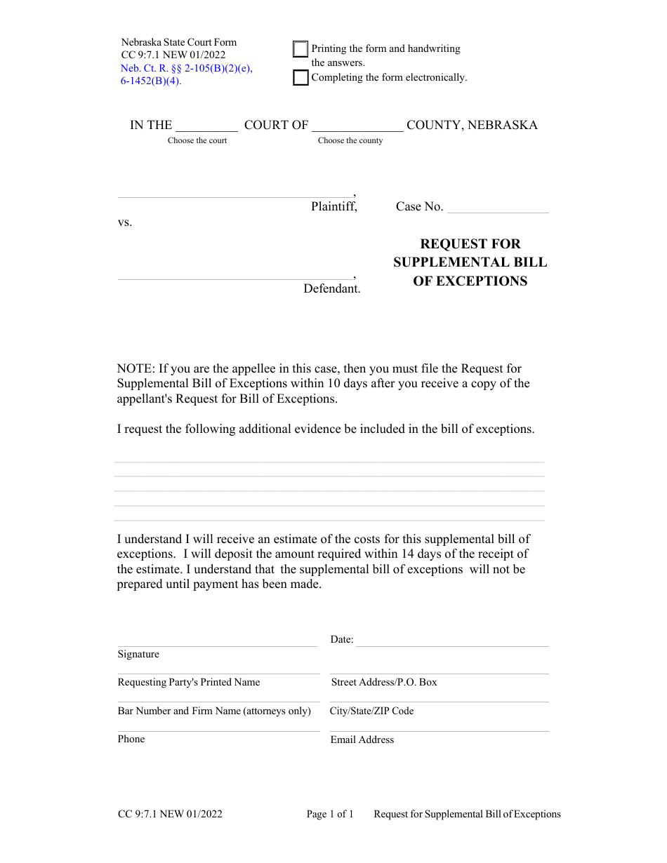 Form CC9:7.1 Request for Supplemental Bill of Exceptions - Nebraska, Page 1