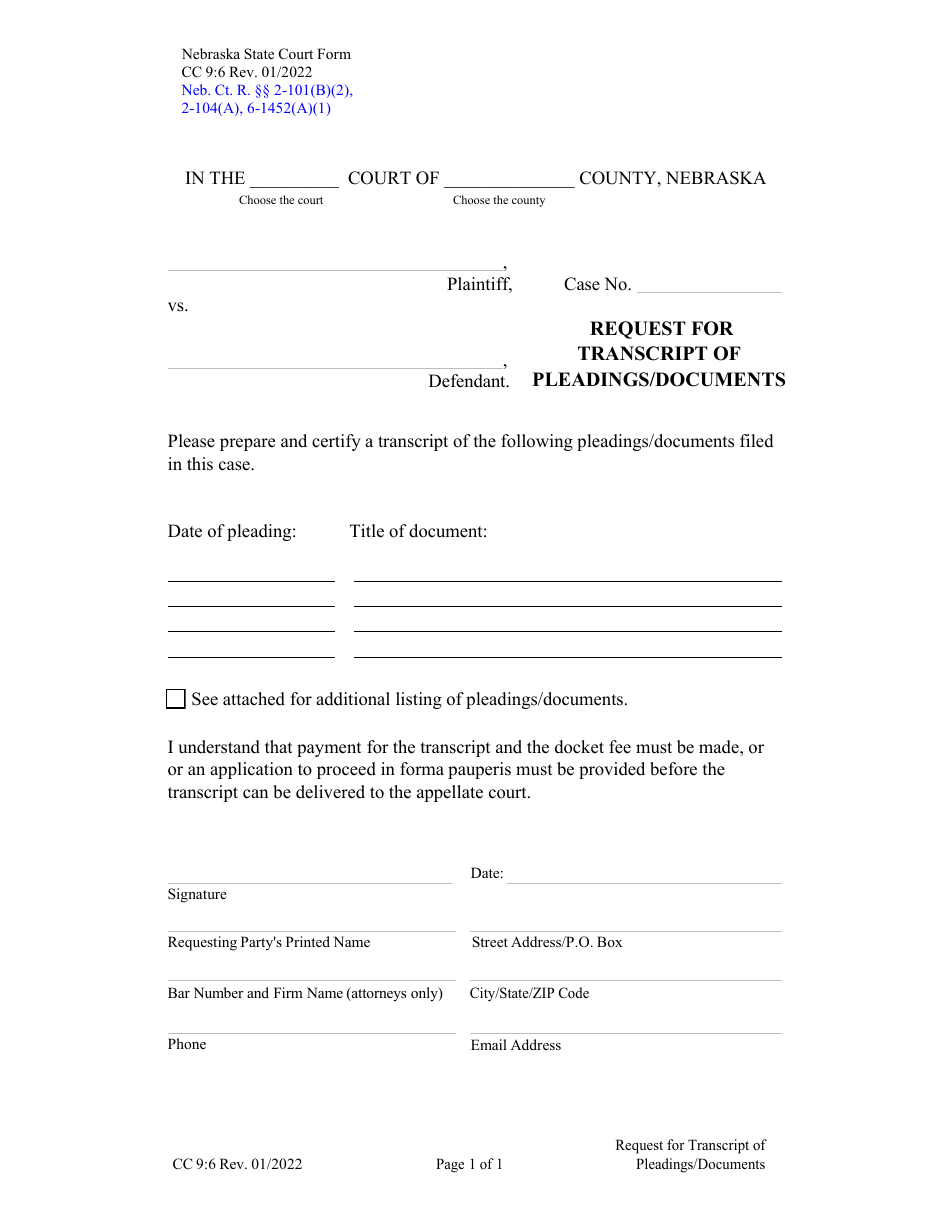 Form CC9:6 Request for Transcript of Pleadings / Documents - Nebraska, Page 1