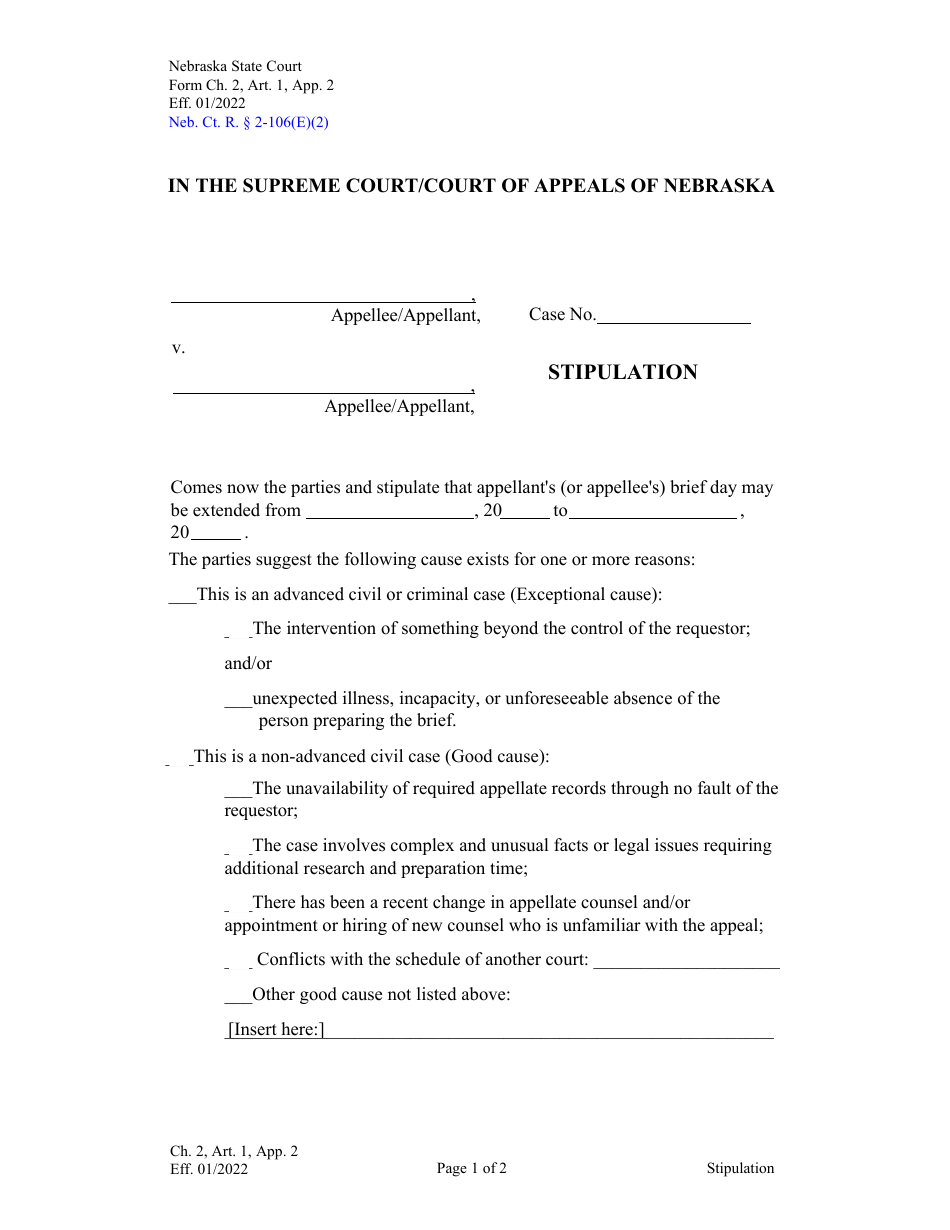 Form CH2ART1APP2 Stipulation - Nebraska, Page 1