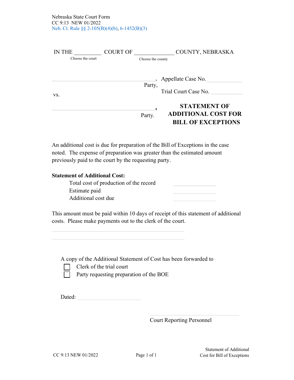 Form CC9:13 Statement of Additional Cost for Bill of Exceptions - Nebraska, Page 1
