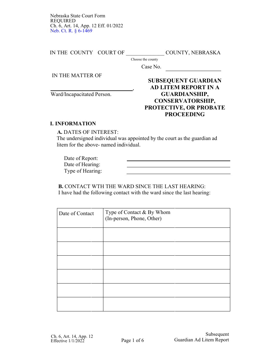 Form CH6ART14APP12 Subsequent Guardian Ad Litem Report in a Guardianship, Conservatorship, Protective, or Probate Proceeding - Nebraska, Page 1