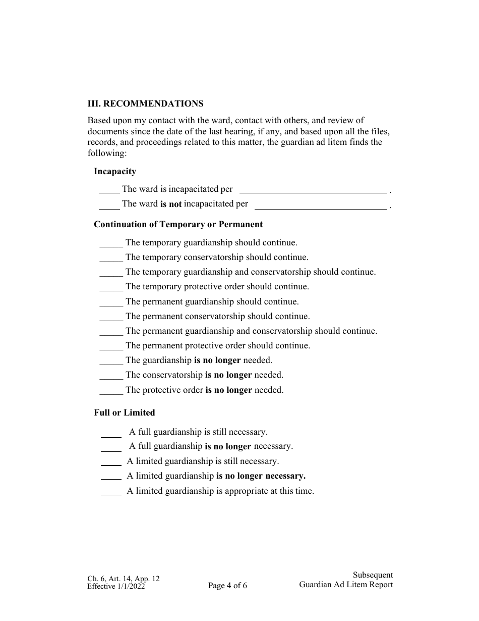 Form CH6ART14APP12 Subsequent Guardian Ad Litem Report in a Guardianship, Conservatorship, Protective, or Probate Proceeding - Nebraska, Page 4