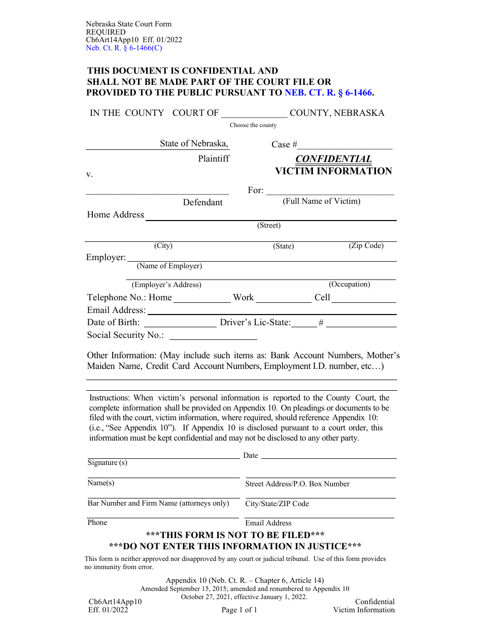 Form CH6ART14APP10 Victim Information - Nebraska, Page 1