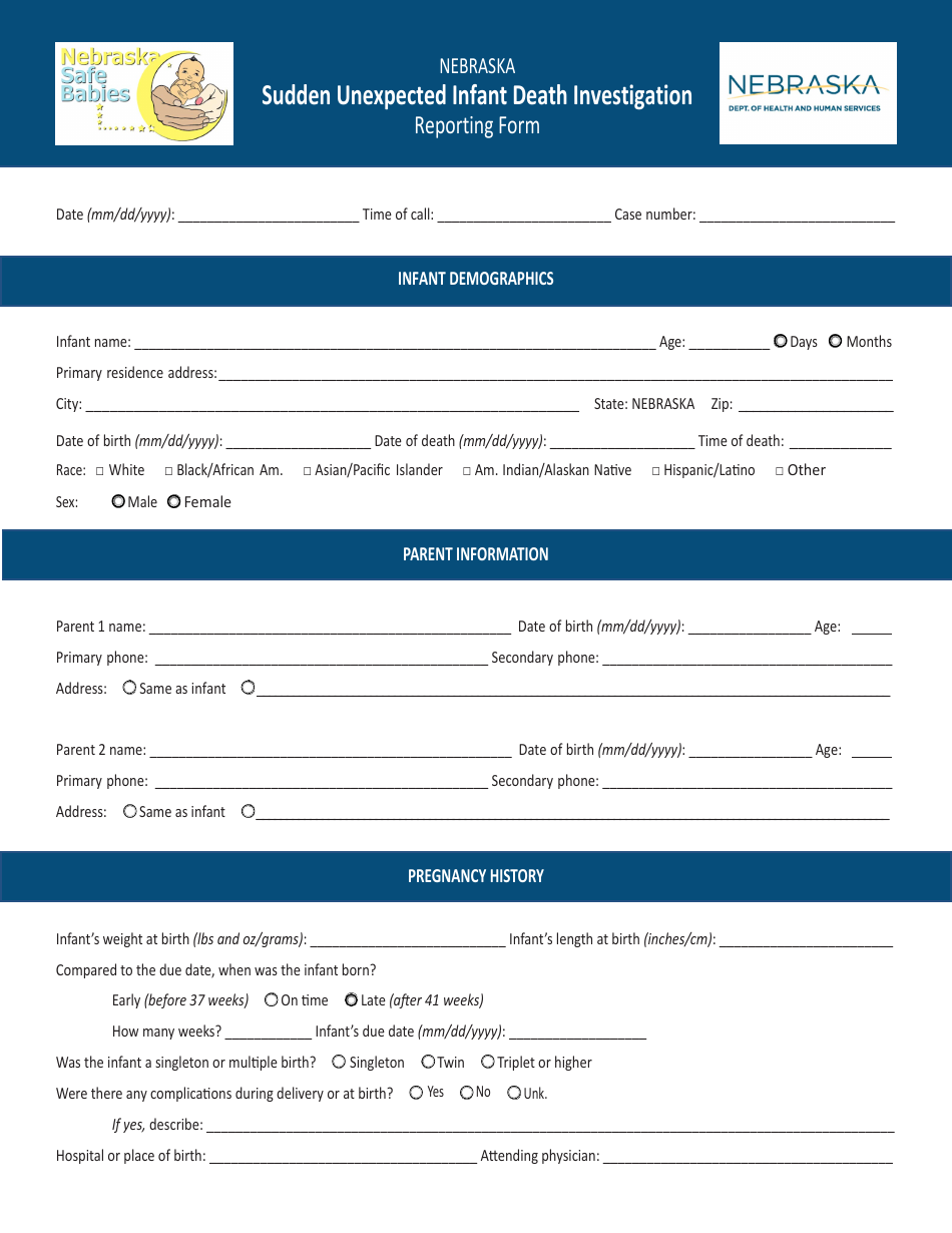 Sudden Unexpected Infant Death Investigation Reporting Form - Nebraska, Page 1