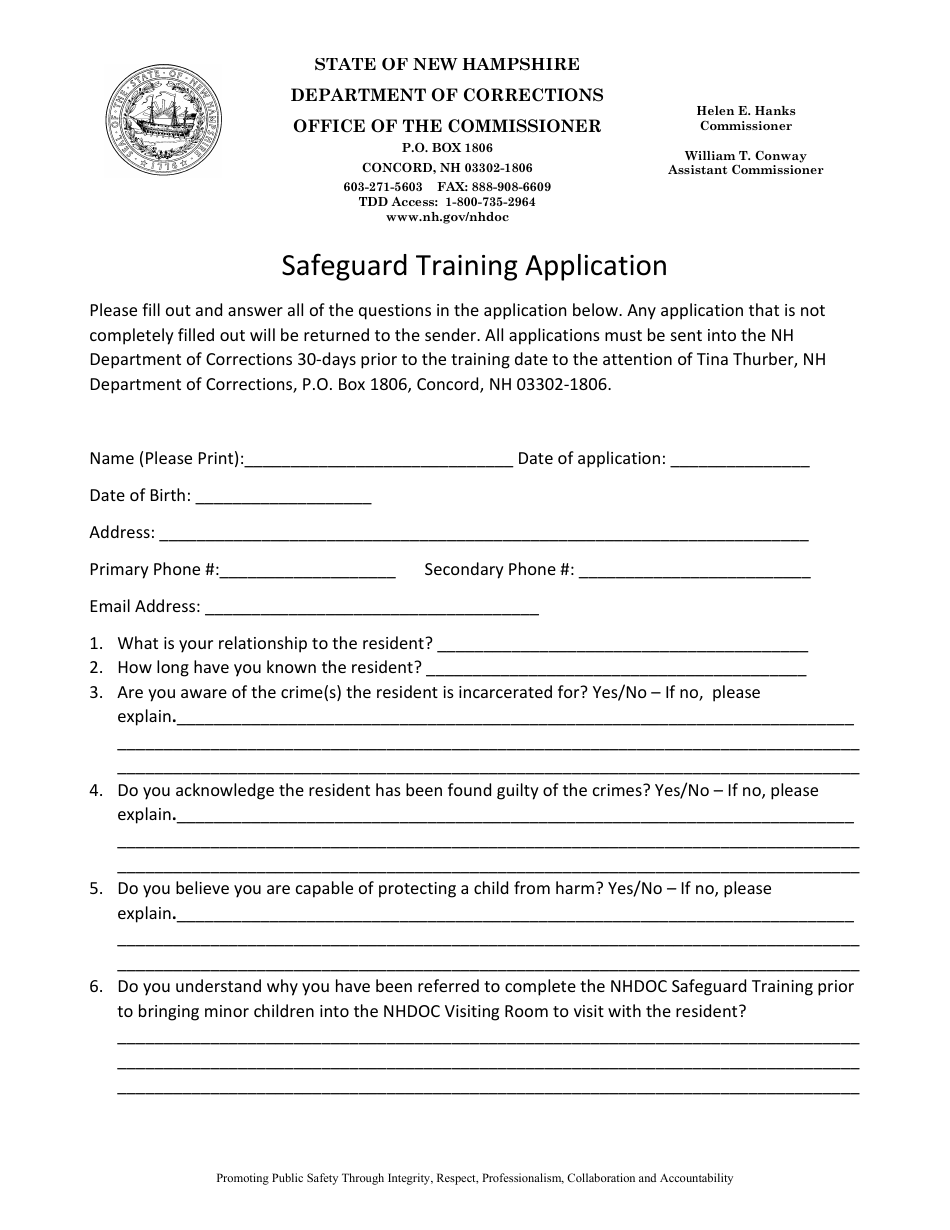 Safeguard Training Application - New Hampshire, Page 1