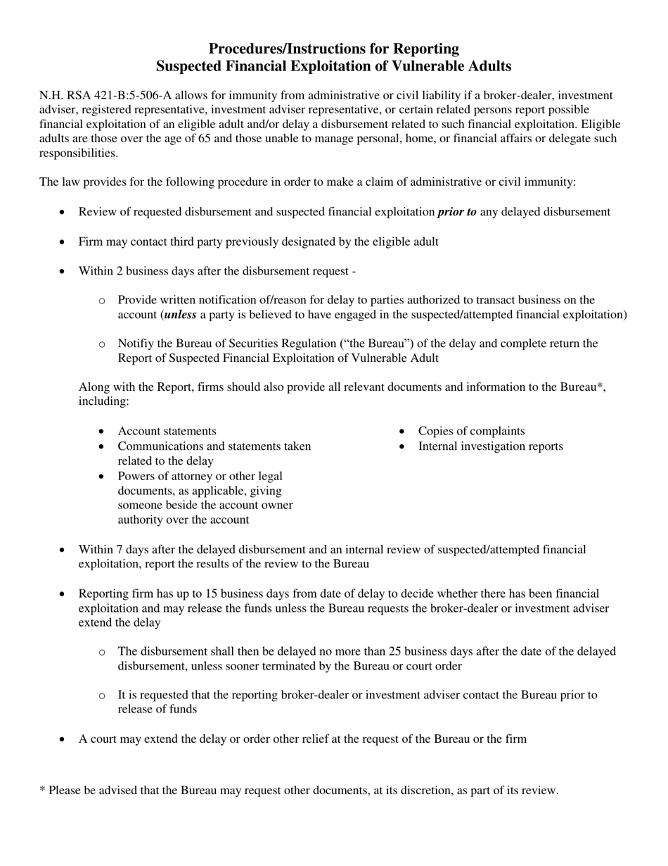 Report of Suspected Financial Exploitation of Vulnerable Adult - New Hampshire, Page 1