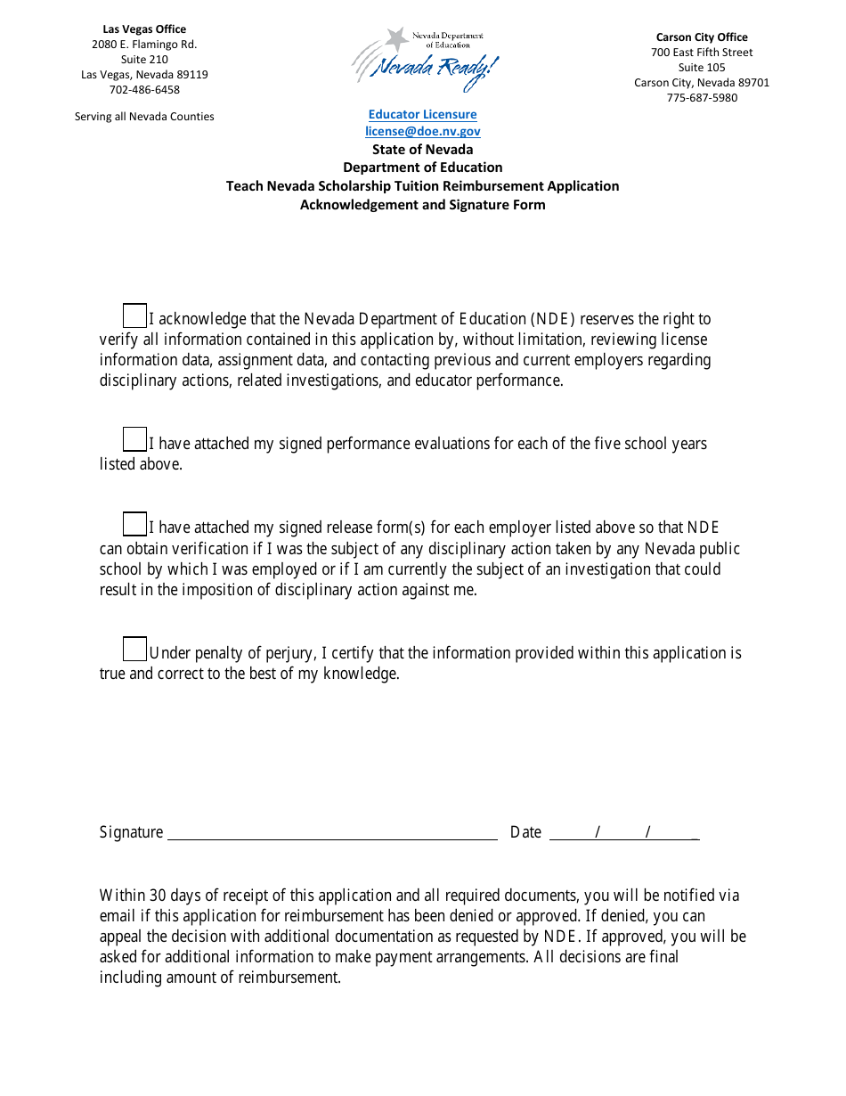 Teach Nevada Scholarship Tuition Reimbursement Application - Acknowledgement and Signature Form - Nevada, Page 1
