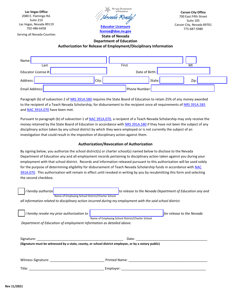 Authorization for Release of Employment / Disciplinary Information - Nevada, Page 1