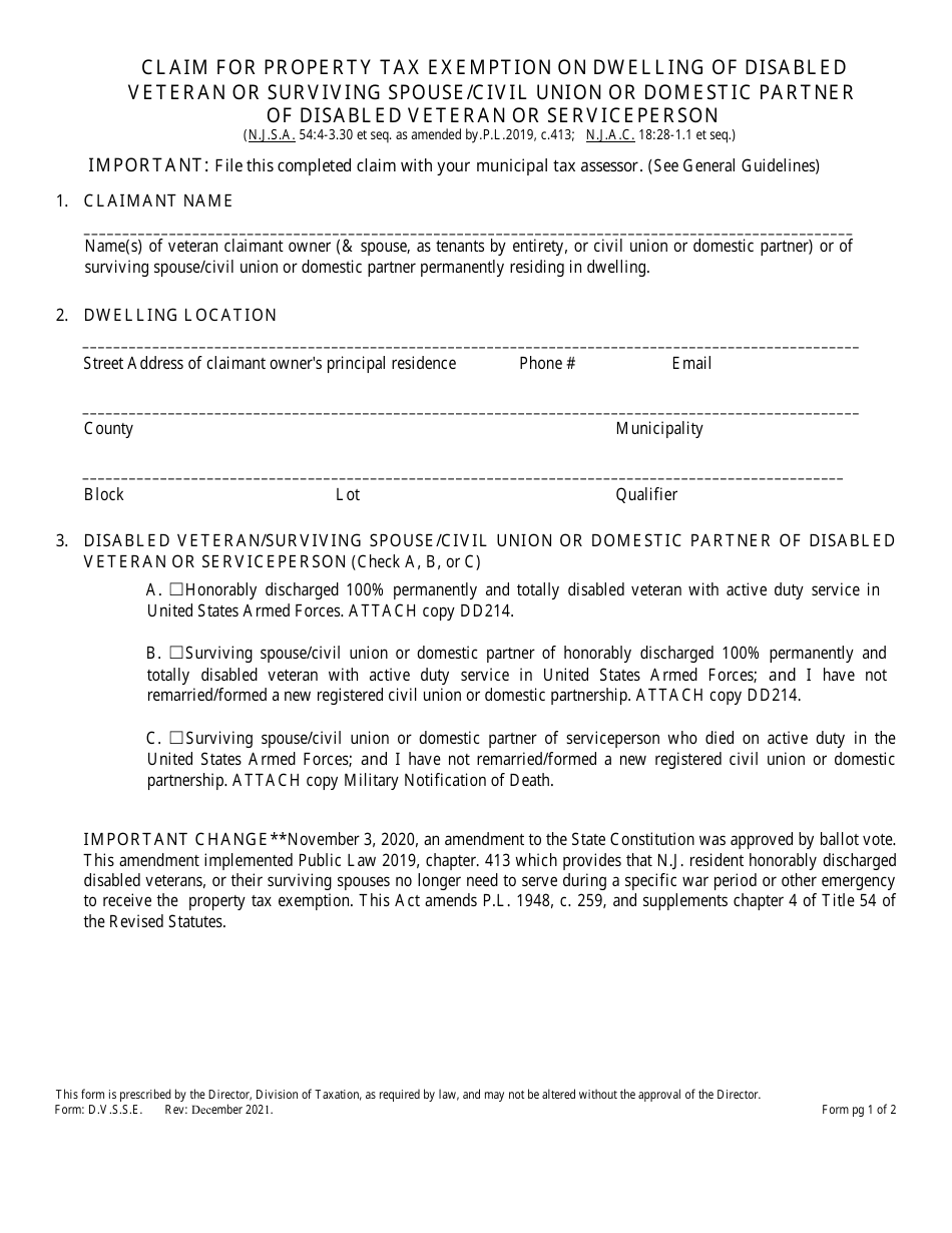 Form D.V.S.S.E. Claim for Property Tax Exemption on Dwelling of Disabled Veteran or Surviving Spouse / Civil Union or Domestic Partner of Disabled Veteran or Serviceperson - New Jersey, Page 1