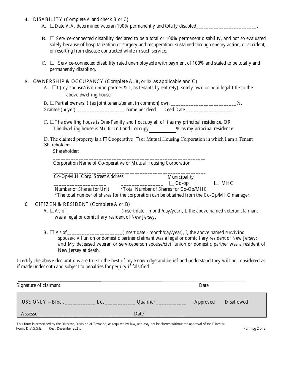 Form D.V.S.S.E. Claim for Property Tax Exemption on Dwelling of Disabled Veteran or Surviving Spouse / Civil Union or Domestic Partner of Disabled Veteran or Serviceperson - New Jersey, Page 2