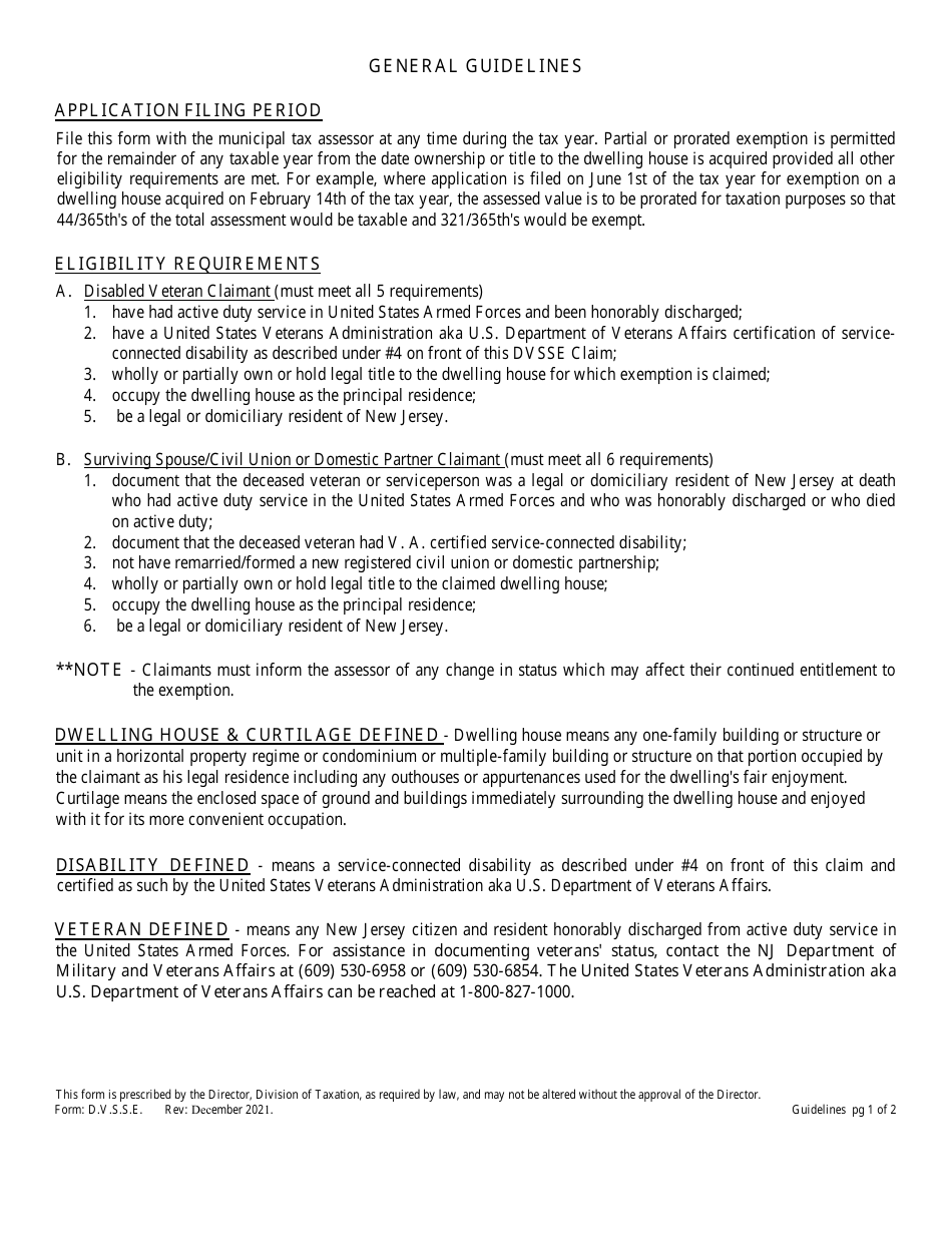 Form D.V.S.S.E. Claim for Property Tax Exemption on Dwelling of Disabled Veteran or Surviving Spouse / Civil Union or Domestic Partner of Disabled Veteran or Serviceperson - New Jersey, Page 3
