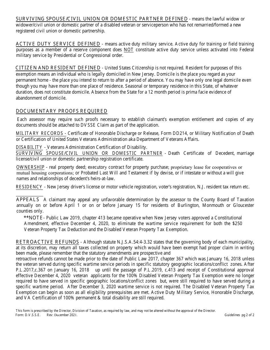 Form D.V.S.S.E. Claim for Property Tax Exemption on Dwelling of Disabled Veteran or Surviving Spouse / Civil Union or Domestic Partner of Disabled Veteran or Serviceperson - New Jersey, Page 4