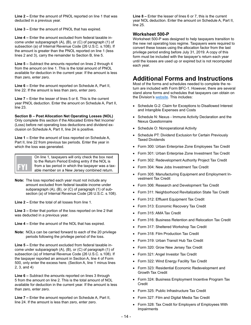 Instructions for Form BFC-1 Banking and Financial Business Tax Return - New Jersey, Page 14