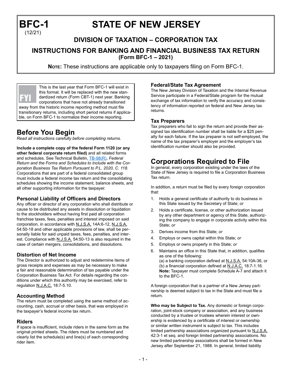 Instructions for Form BFC-1 Banking and Financial Business Tax Return - New Jersey, Page 1