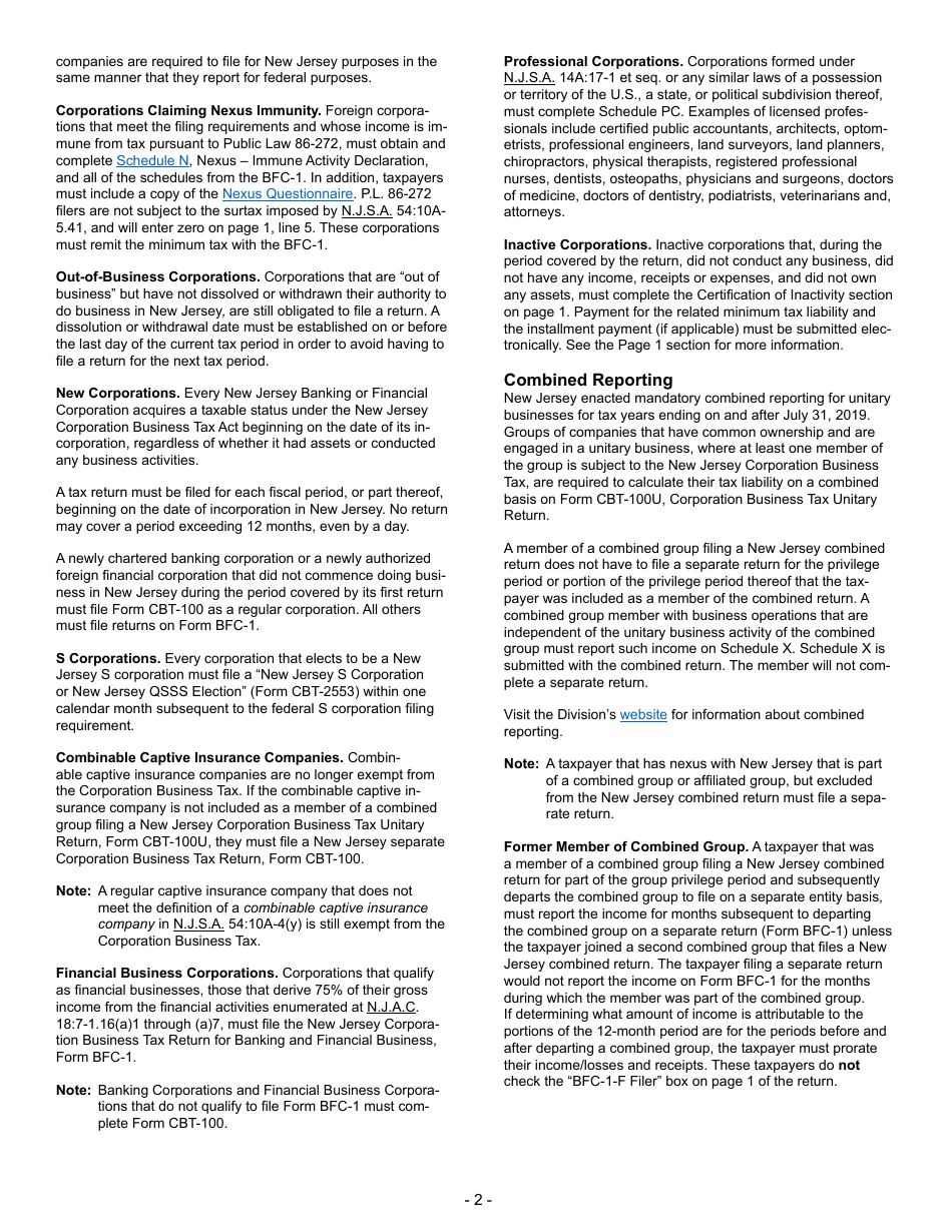 Instructions for Form BFC-1 Banking and Financial Business Tax Return - New Jersey, Page 2