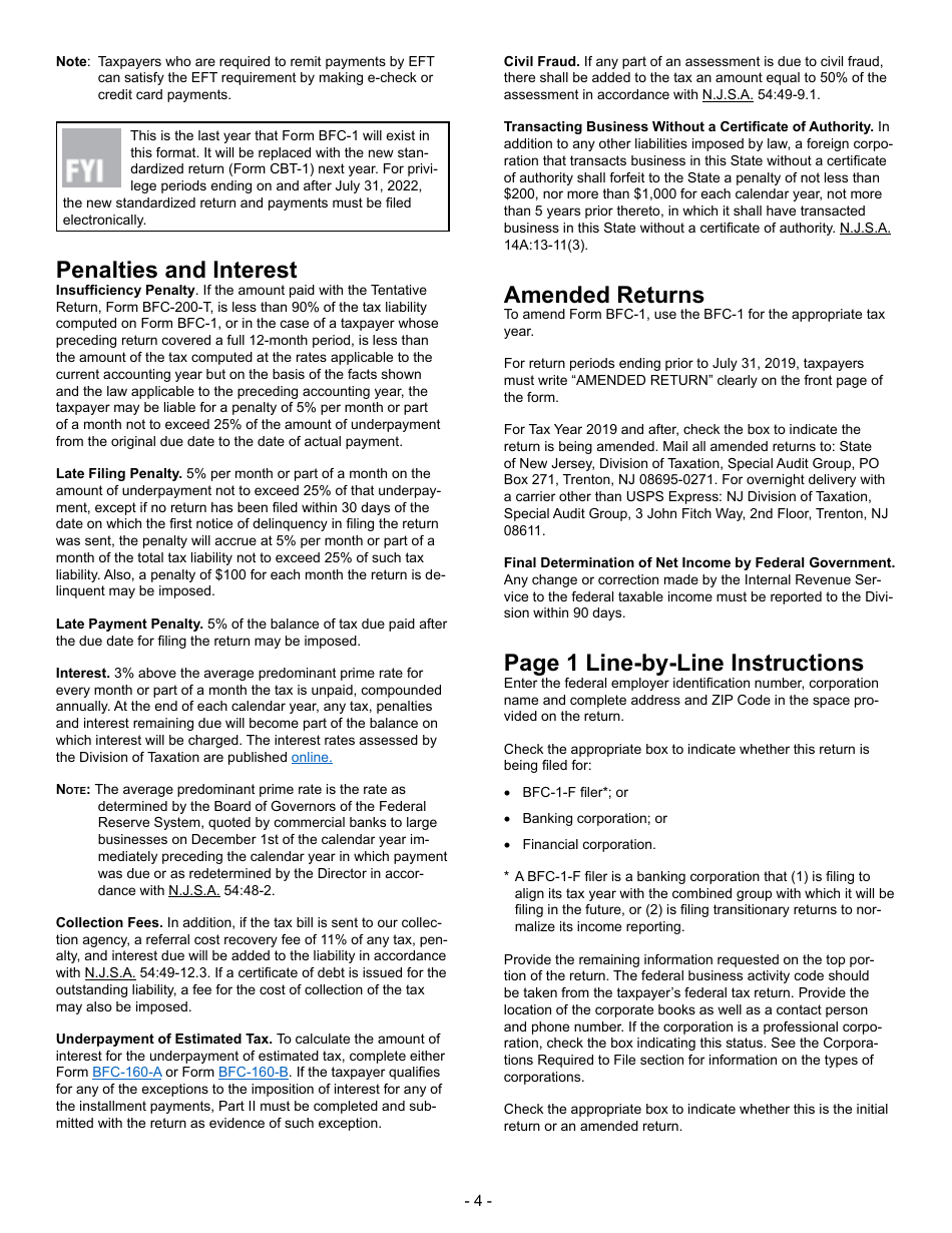 Instructions for Form BFC-1 Banking and Financial Business Tax Return - New Jersey, Page 4
