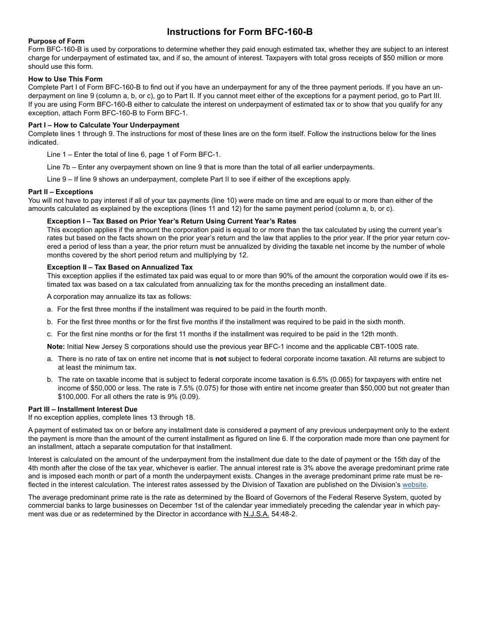 Form BFC-160-B Underpayment of Estimated N.j. Corporation Business Tax for Taxpayers With Gross Receipts of $50 Million or More - New Jersey, Page 2