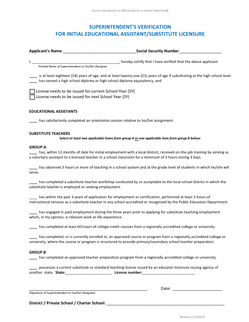 Superintendent's Verification for Initial Educational Assistant / Substitute Licensure - New Mexico Download Pdf