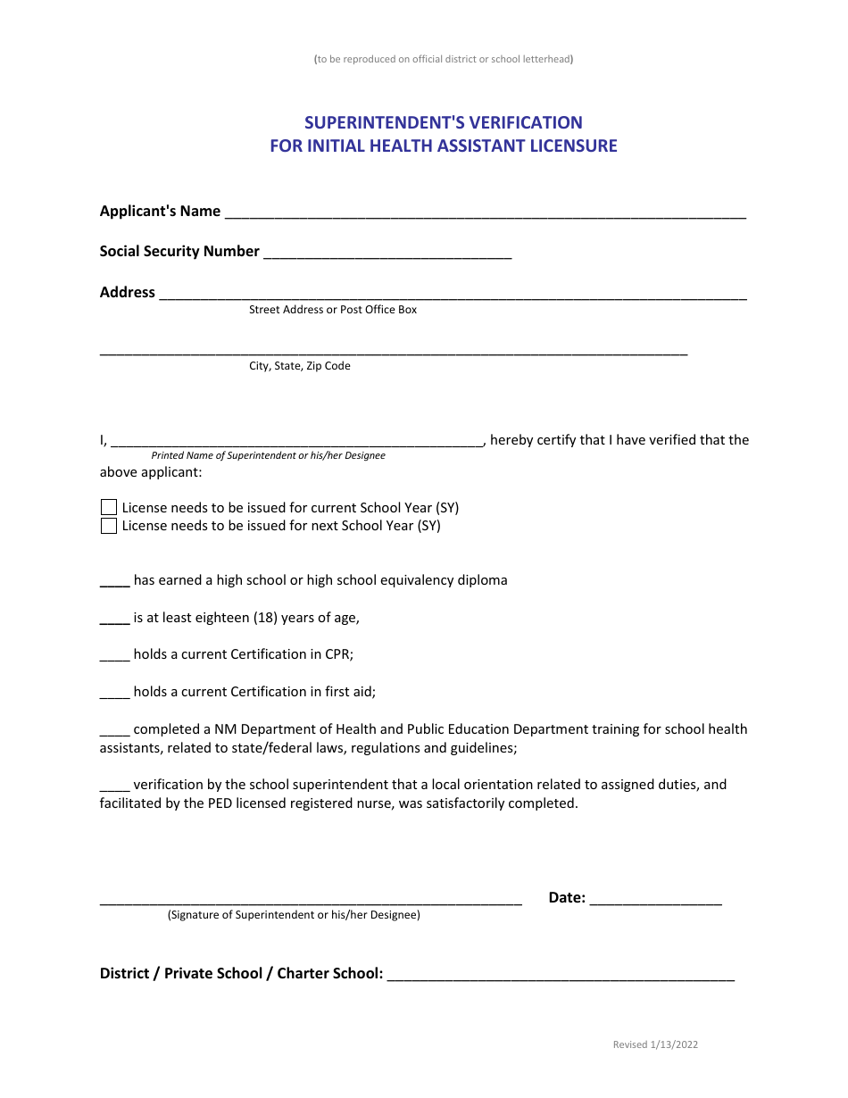 Superintendents Verification for Initial Health Assistant Licensure - New Mexico, Page 1