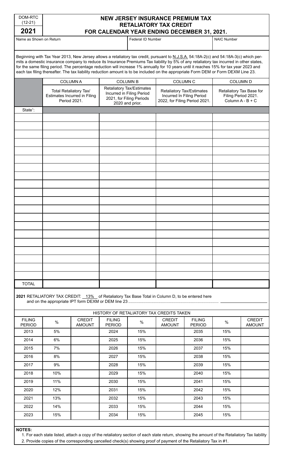 Form DOM-RTC Retaliatory Tax Credit - New Jersey, Page 1