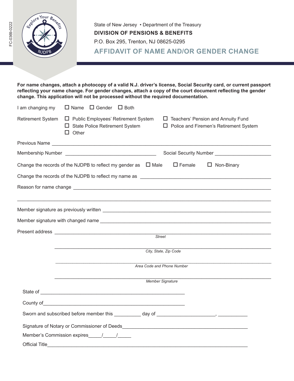 Form FC-0369 Affidavit of Name and / or Gender Change - New Jersey, Page 1