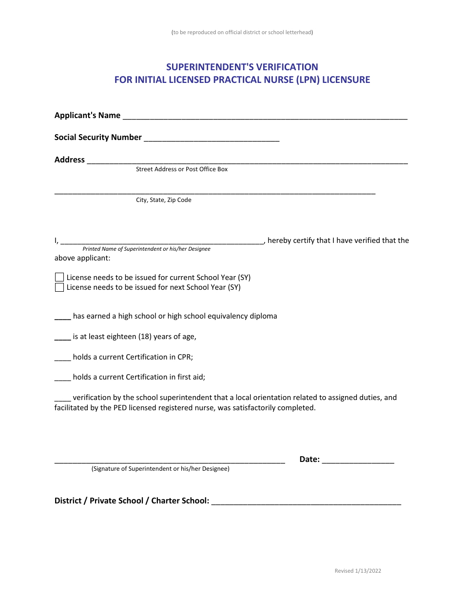 Superintendents Verification for Initial Licensed Practical Nurse (Lpn) Licensure - New Mexico, Page 1
