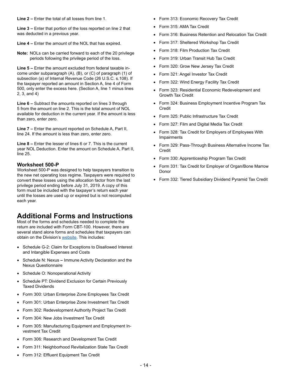 Instructions for Form CBT-100 Corporation Business Tax Return - New Jersey, Page 14