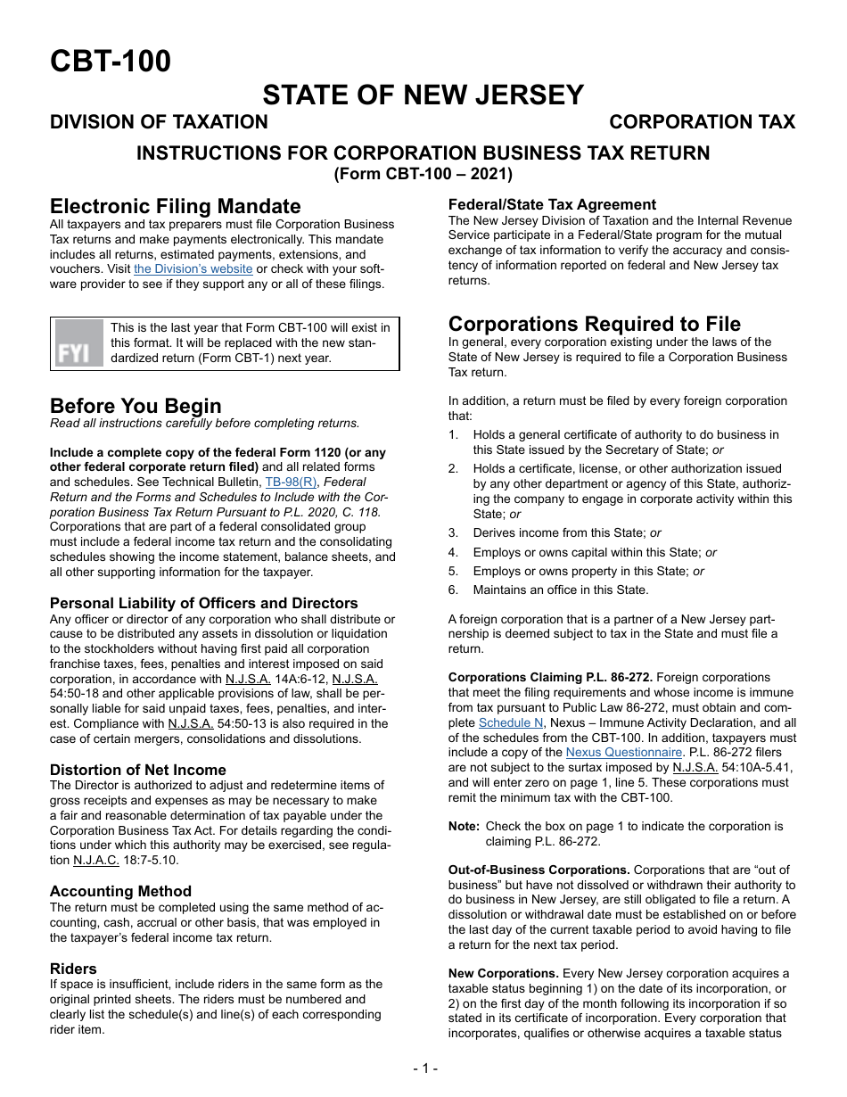 Instructions for Form CBT-100 Corporation Business Tax Return - New Jersey, Page 1