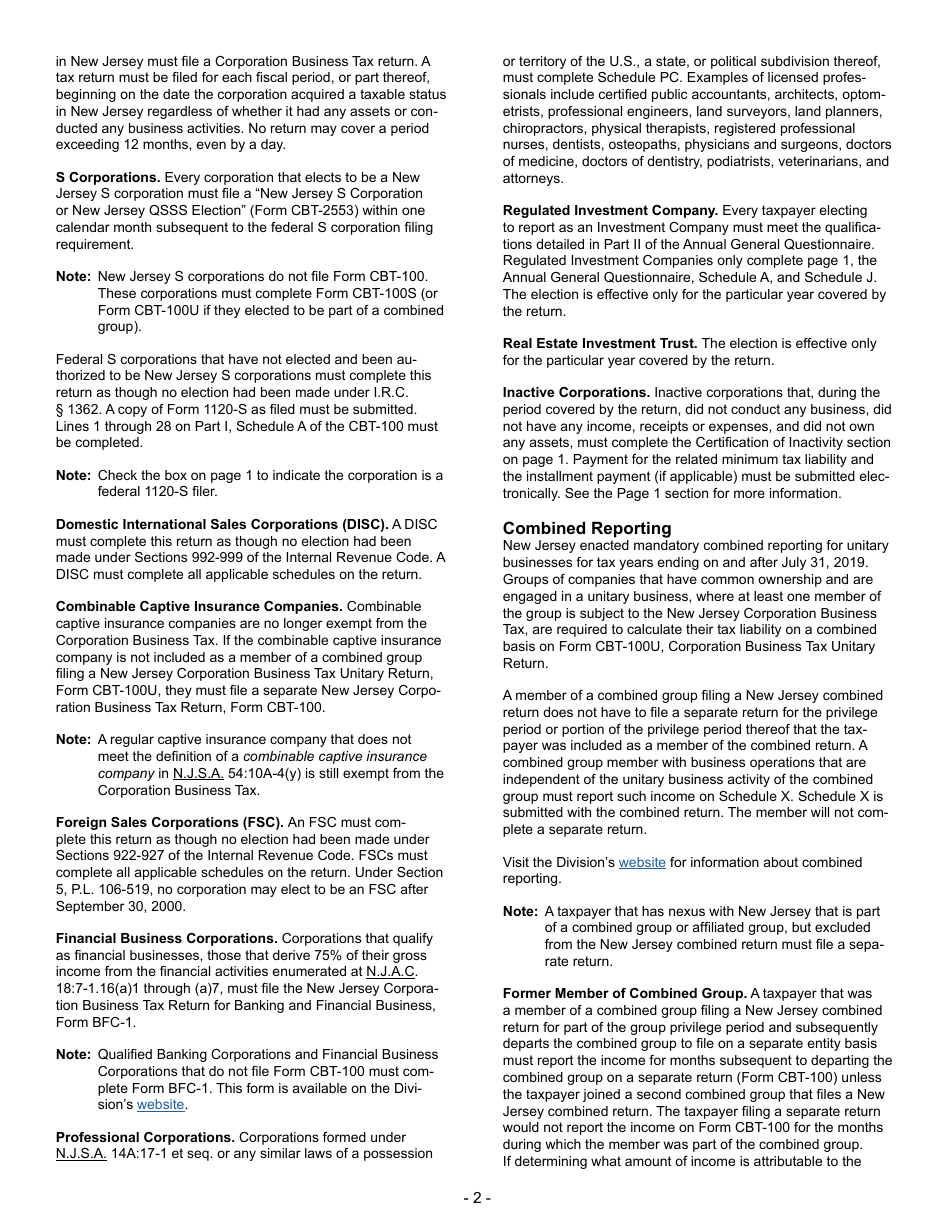 Instructions for Form CBT-100 Corporation Business Tax Return - New Jersey, Page 2