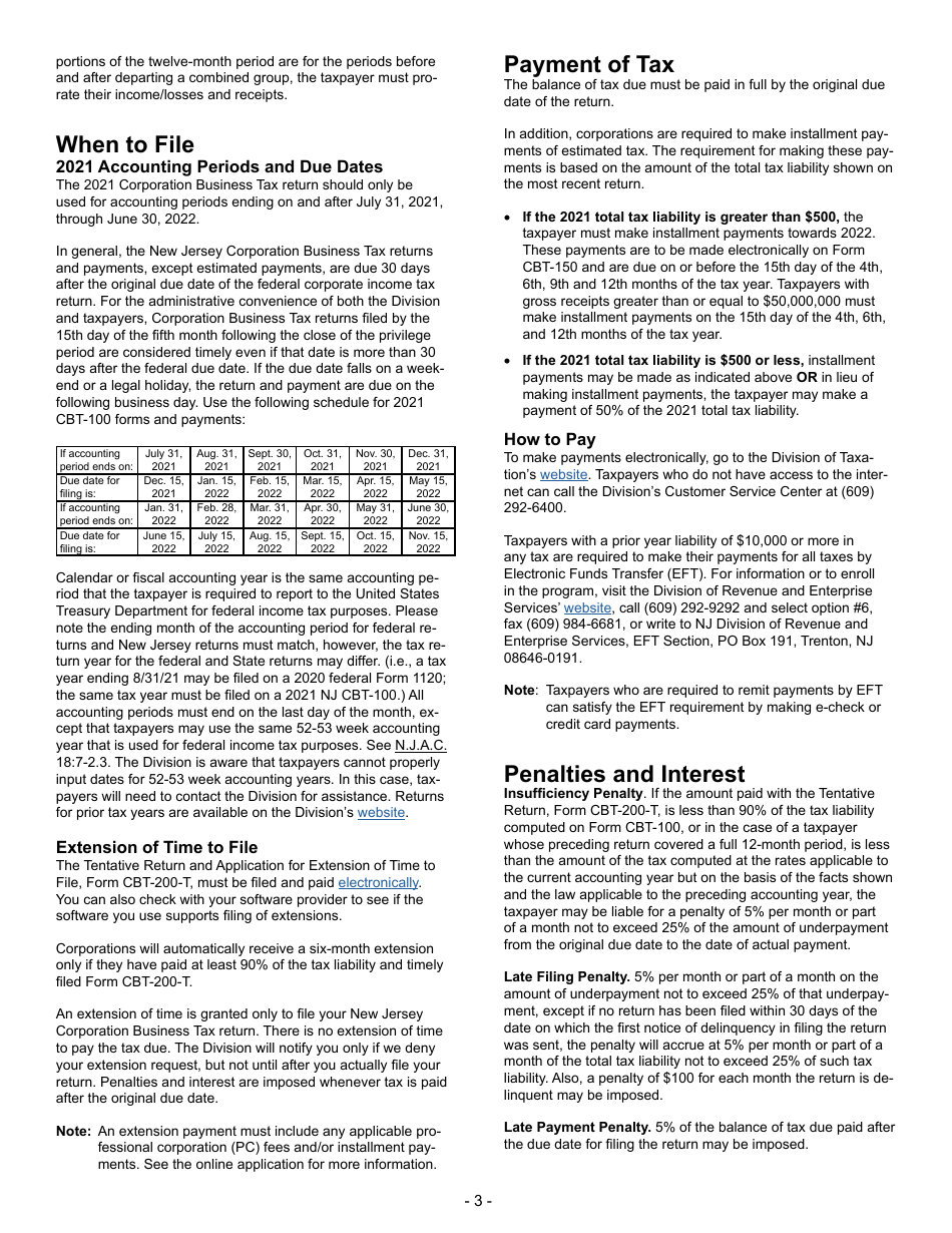 Instructions for Form CBT-100 Corporation Business Tax Return - New Jersey, Page 3