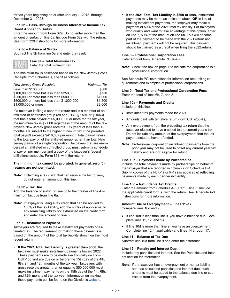 Instructions for Form CBT-100 Corporation Business Tax Return - New Jersey, Page 5
