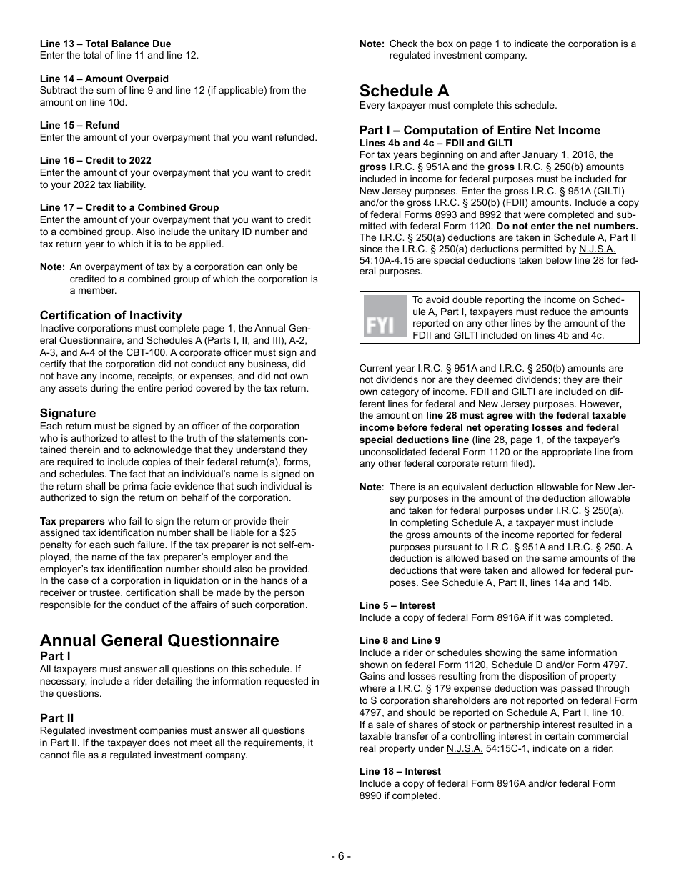 Instructions for Form CBT-100 Corporation Business Tax Return - New Jersey, Page 6