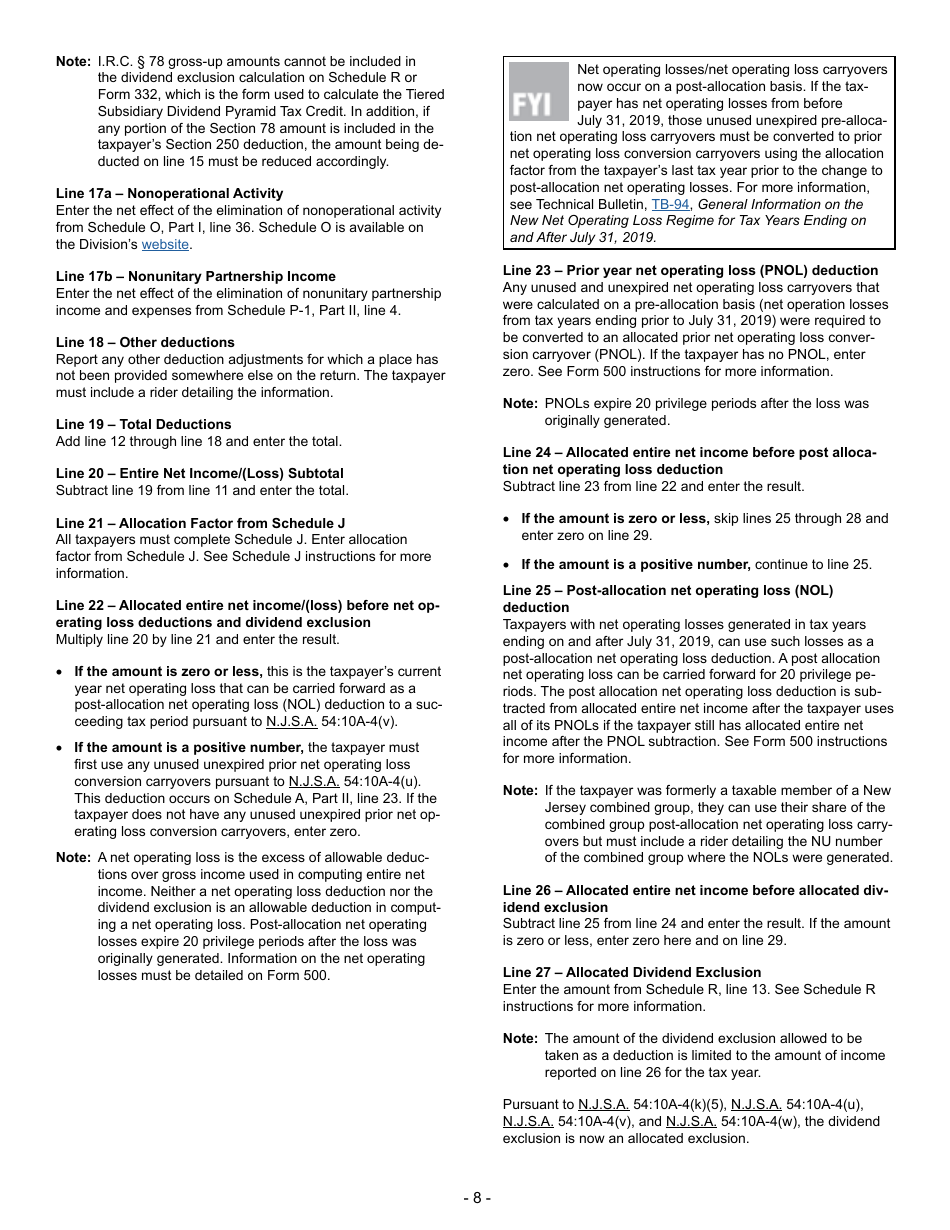 Instructions for Form CBT-100 Corporation Business Tax Return - New Jersey, Page 8