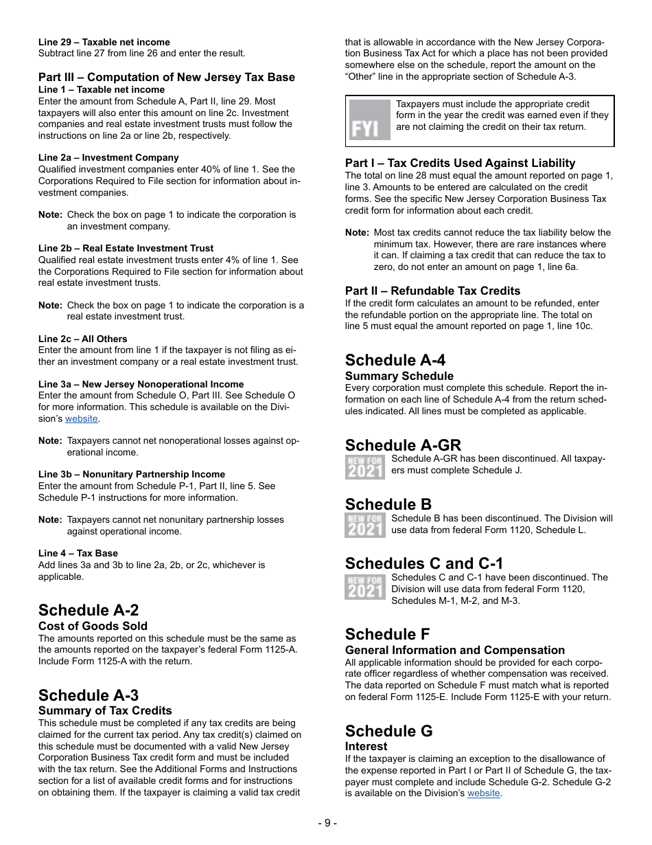 Instructions for Form CBT-100 Corporation Business Tax Return - New Jersey, Page 9