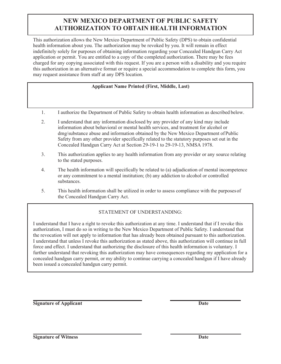 Authorization to Obtain Health Information - New Mexico, Page 1
