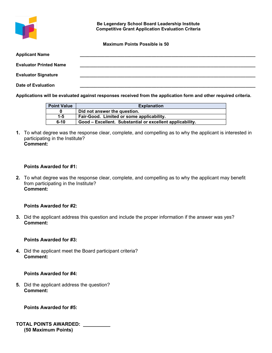 Be Legendary School Board Leadership Institute Competitive Grant Application Evaluation Criteria - North Dakota, Page 1