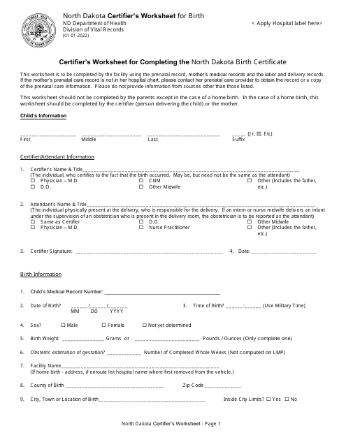 Certifier's Worksheet for Completing the North Dakota Birth Certificate - North Dakota Download Pdf