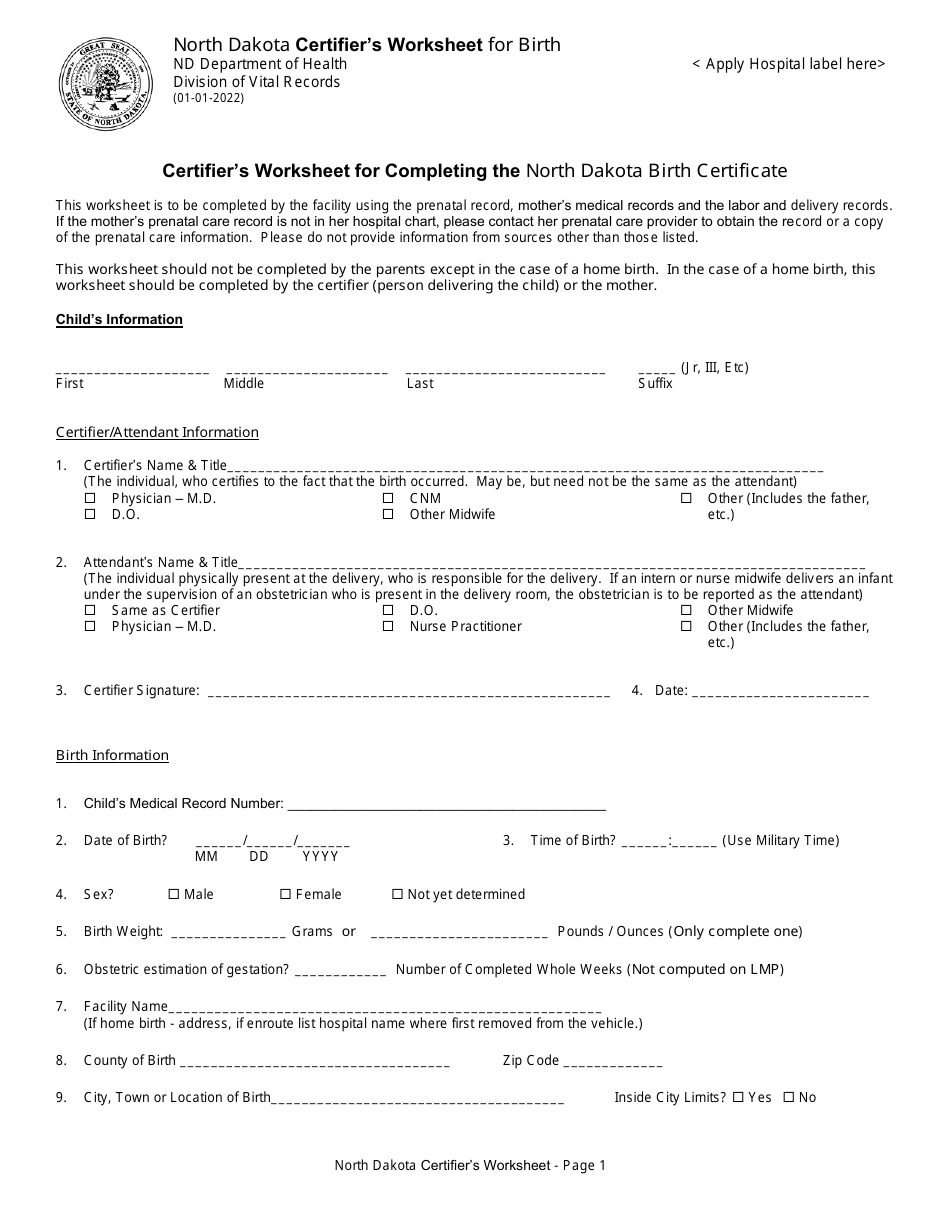 Certifiers Worksheet for Completing the North Dakota Birth Certificate - North Dakota, Page 1