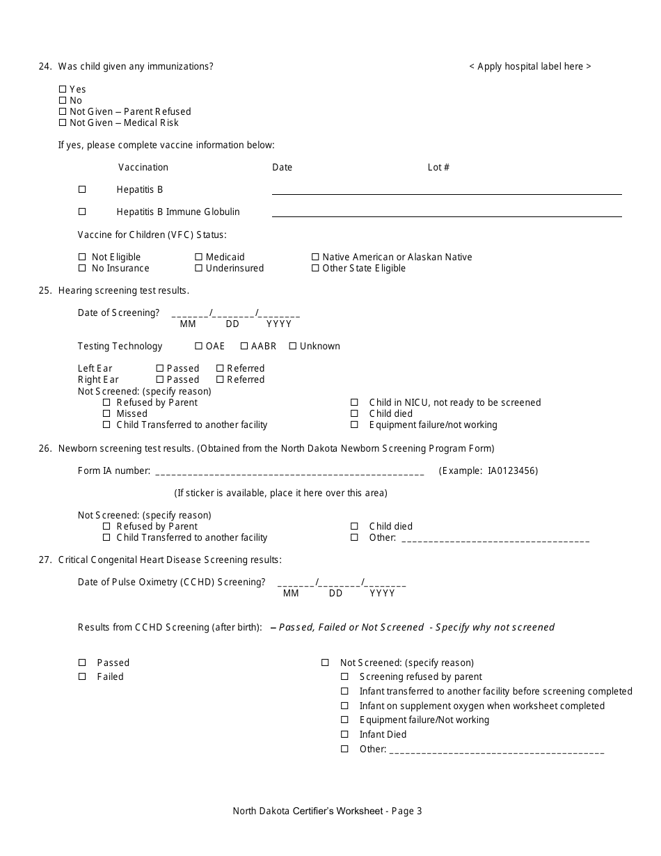 Certifiers Worksheet for Completing the North Dakota Birth Certificate - North Dakota, Page 3