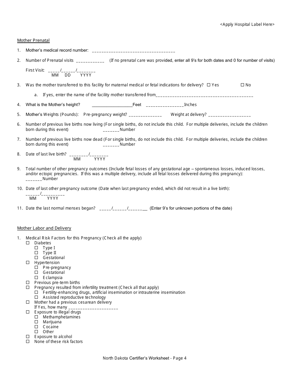 Certifiers Worksheet for Completing the North Dakota Birth Certificate - North Dakota, Page 4