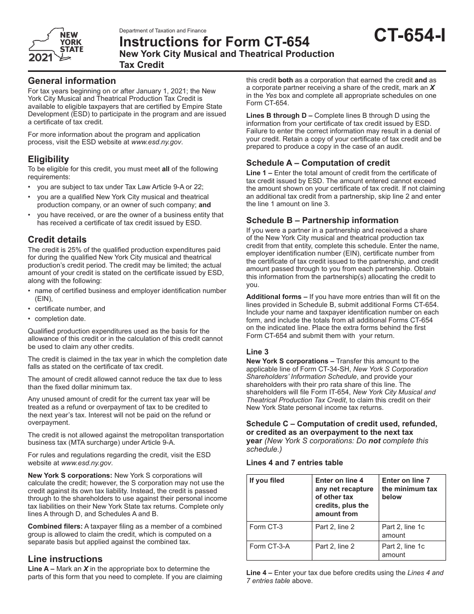 Instructions for Form CT-654 New York City Musical and Theatrical Production Tax Credit - New York, Page 1