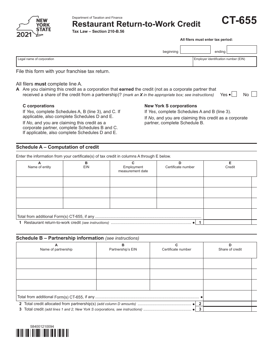 Form CT-655 Restaurant Return-To-Work Credit - New York, Page 1