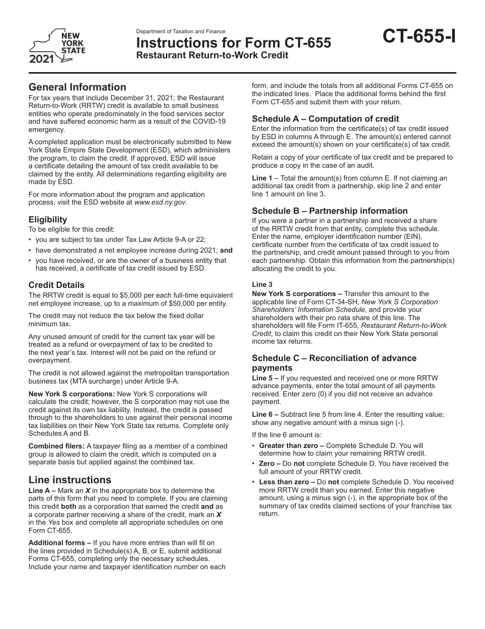 Instructions for Form CT-655 Restaurant Return-To-Work Credit - New York, Page 1