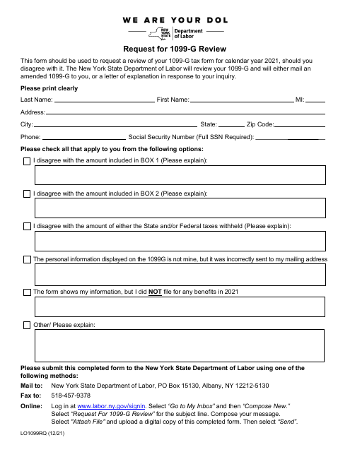Form LO1099RQ Request for 1099-g Review - New York