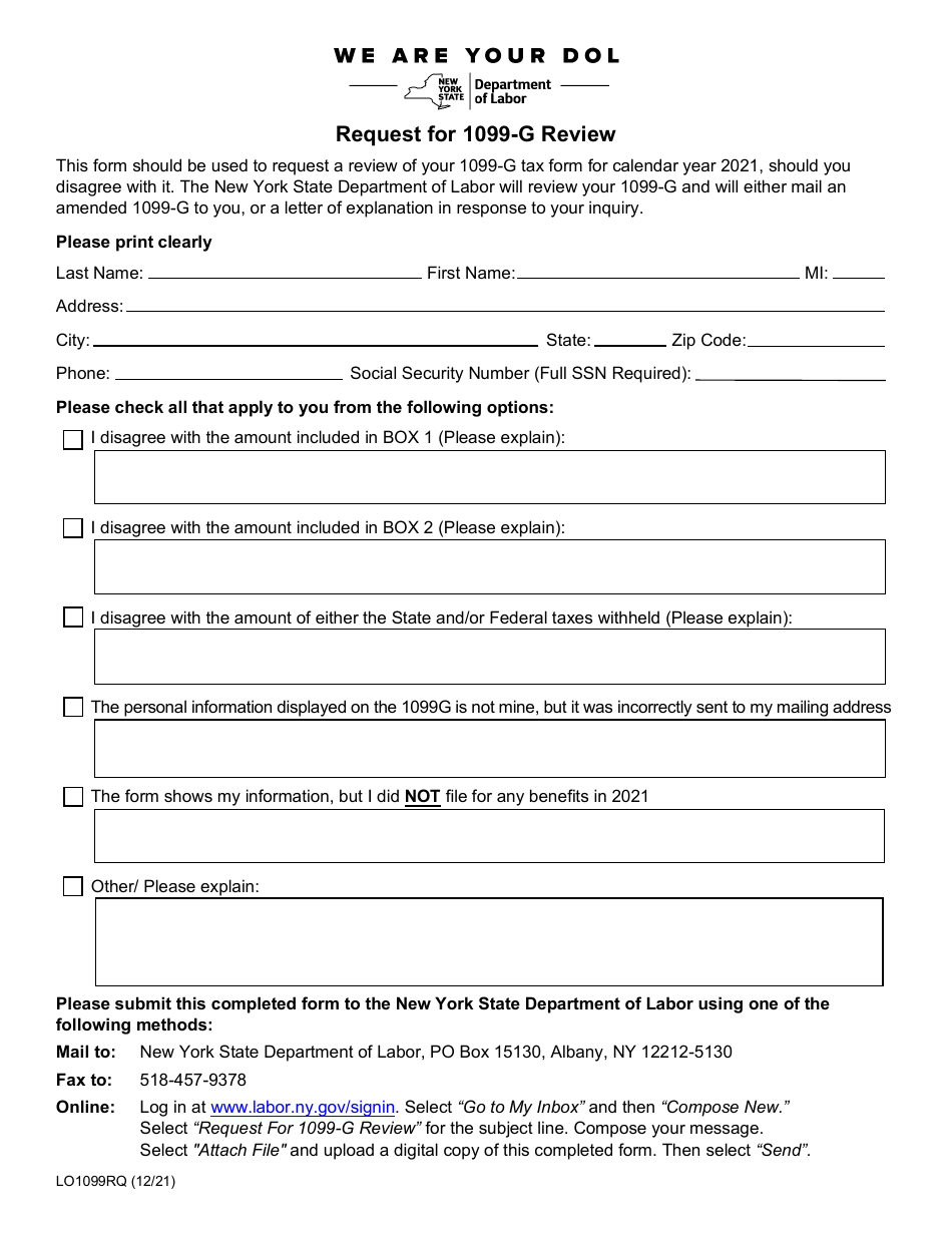 Form LO1099RQ Request for 1099-g Review - New York, Page 1