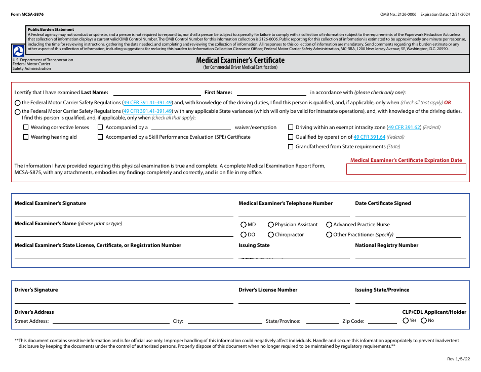 Form MCSA-5876 Medical Examiners Certificate, Page 1