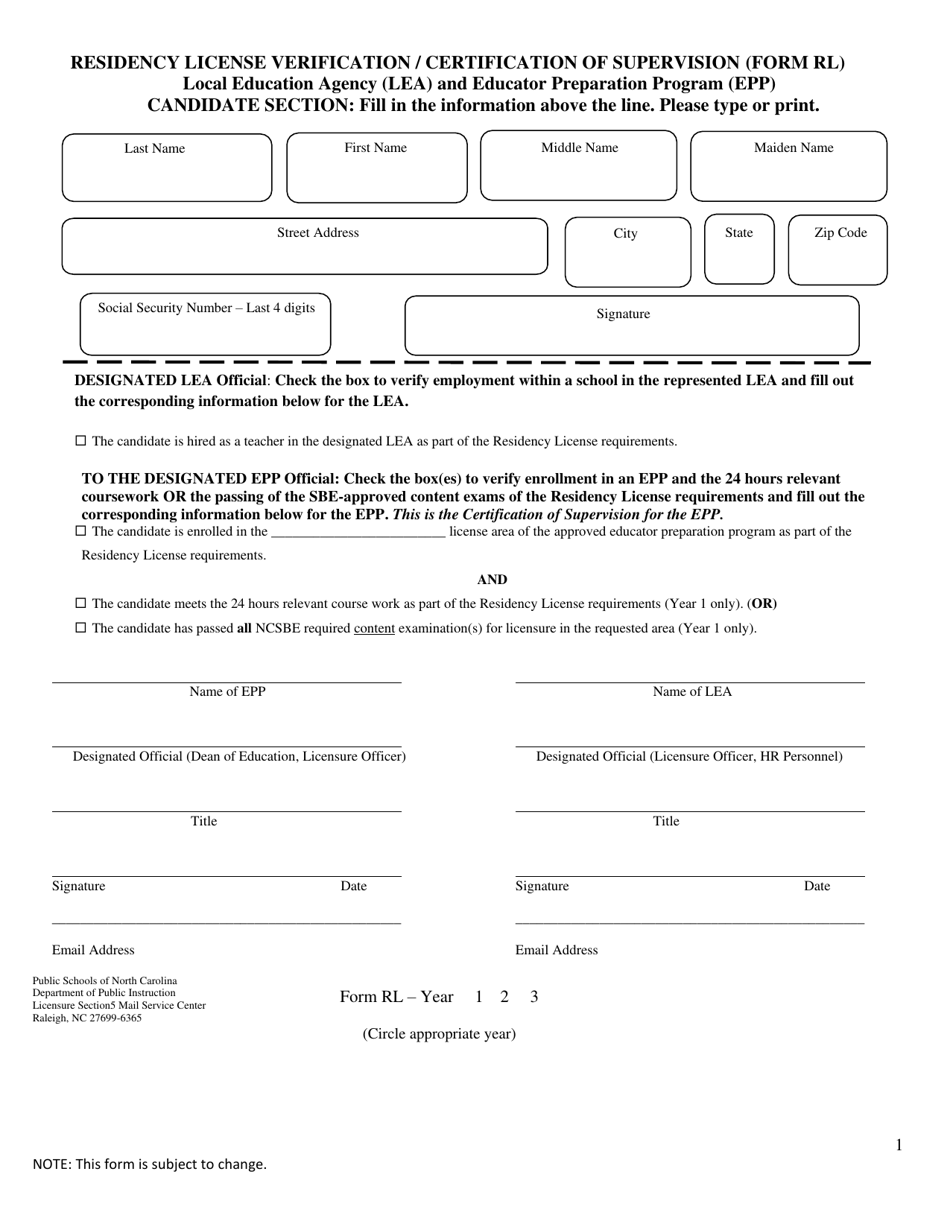 Form RL Residency License Verification / Certification of Supervision - Local Education Agency (Lea) and Educator Preparation Program (Epp) - North Carolina, Page 1